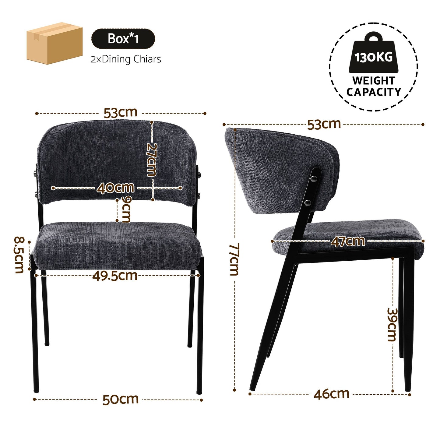 Keira Set of 2 Dining Chairs Linen Fabric Soft Upholstered Chairs - Charcoal