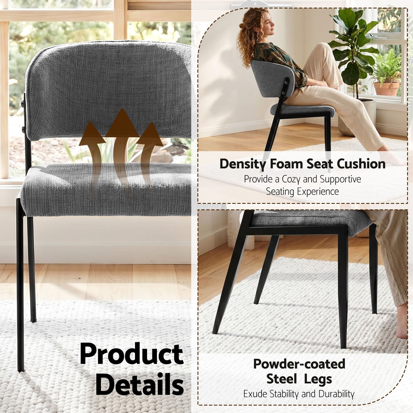 Keira Set of 2 Linen Fabric Soft Upholstered Chairs - Grey