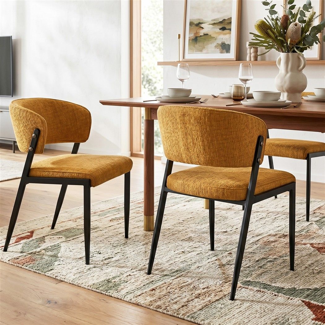 Keira Set of 4 Linen Fabric Soft Upholstered Chairs - Mustard