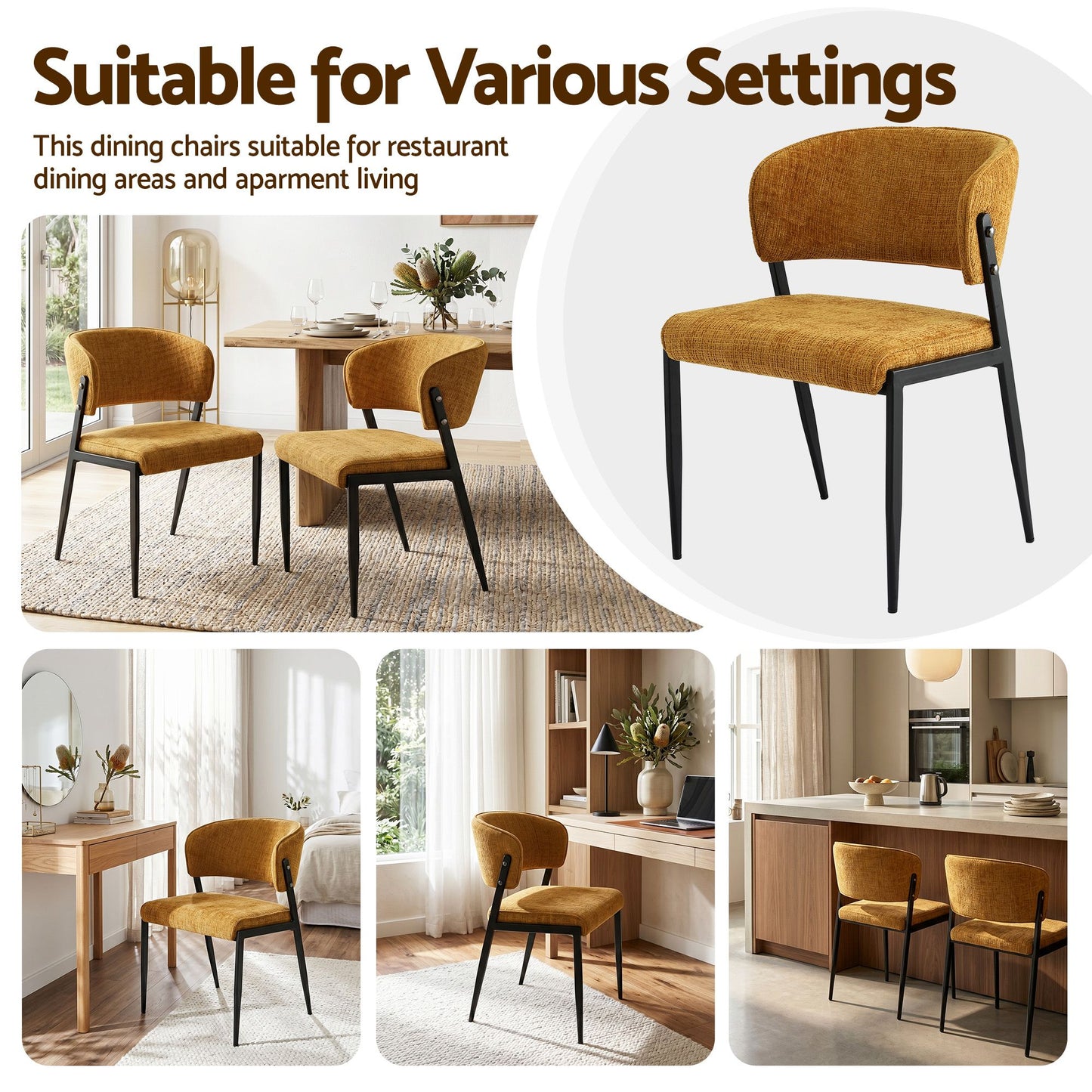 Keira Set of 6 Linen Fabric Soft Upholstered Chairs - Mustard