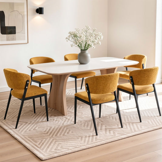 Keira Set of 6 Linen Fabric Soft Upholstered Chairs - Mustard