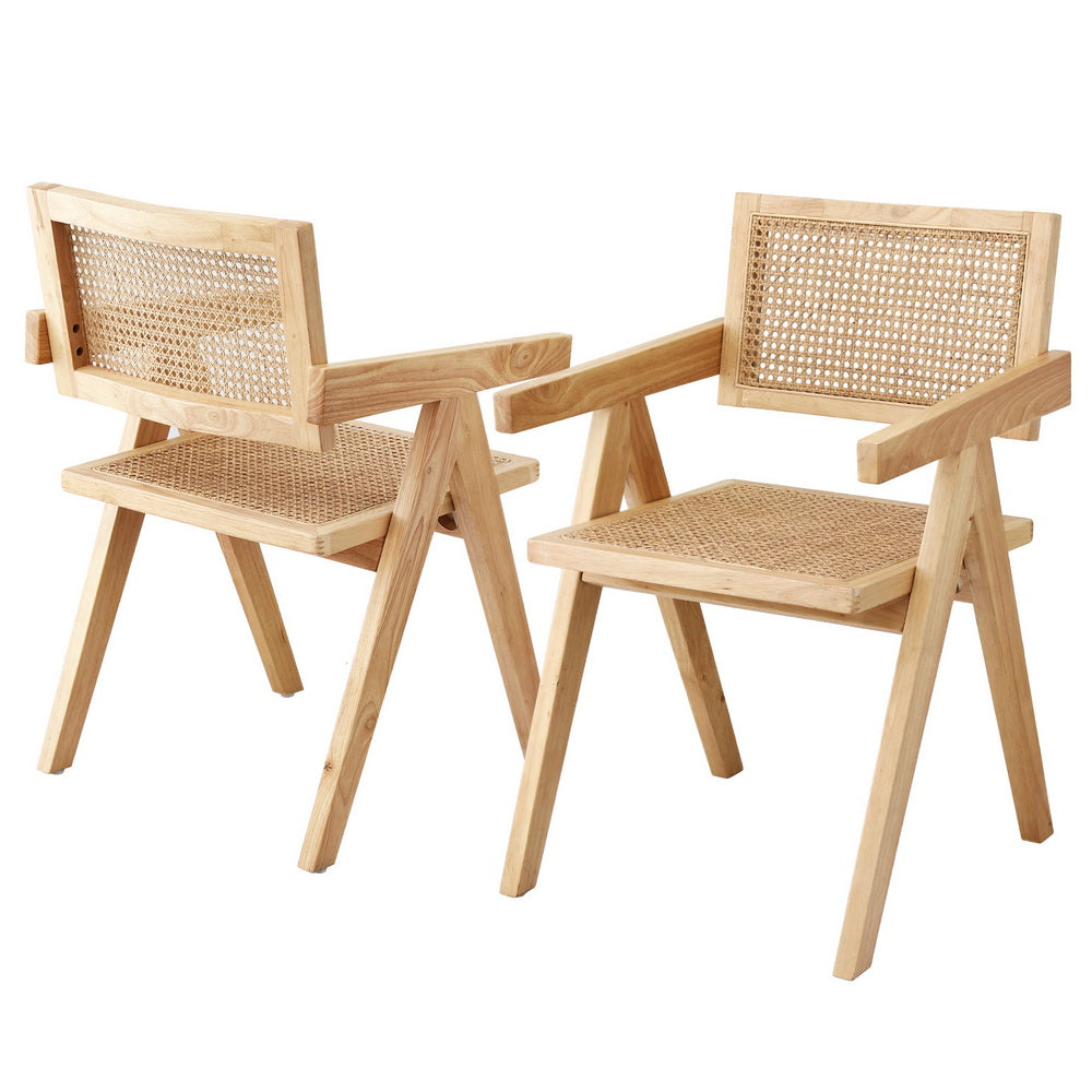 Linnet Set of 2 Dining Chairs Wooden Rattan Seat Rubber Wood Frame - Natural