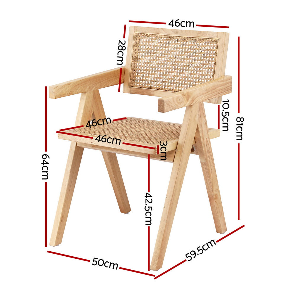 Linnet Set of 2 Dining Chairs Wooden Rattan Seat Rubber Wood Frame - Natural