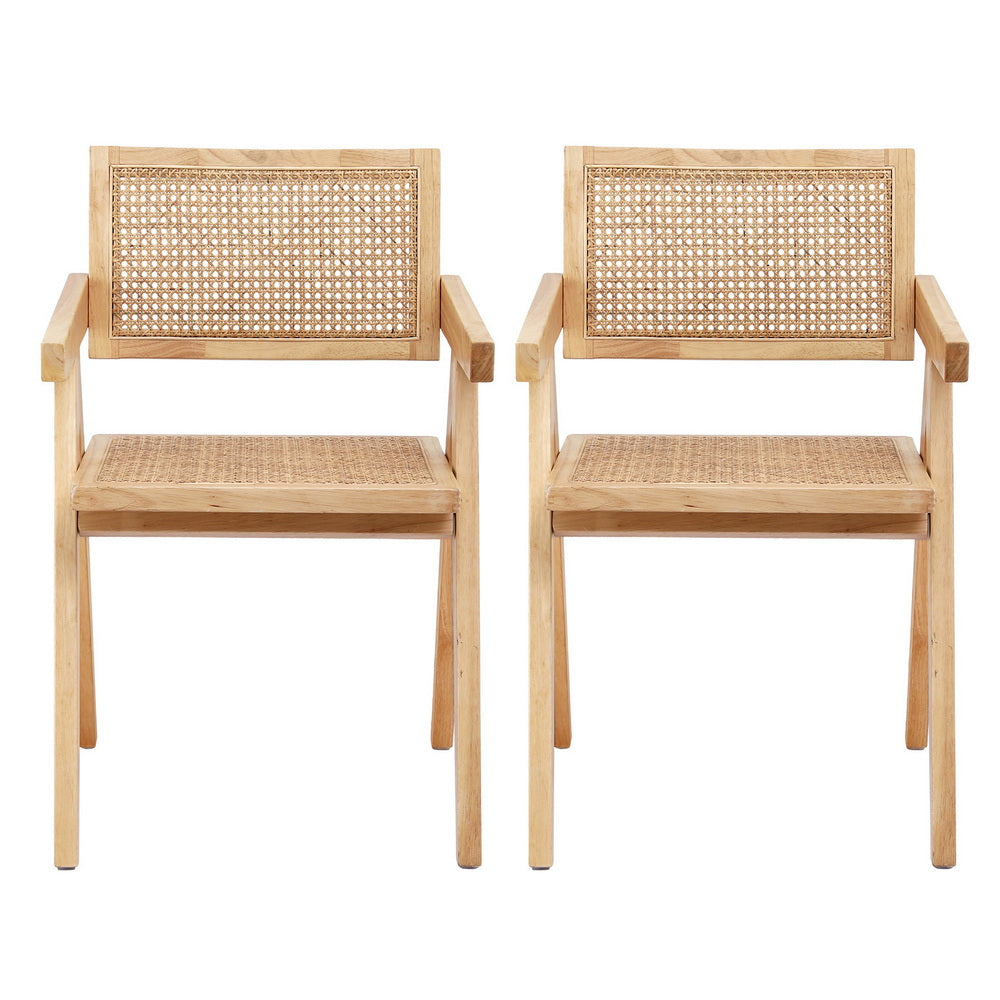 Linnet Set of 2 Dining Chairs Wooden Rattan Seat Rubber Wood Frame - Natural