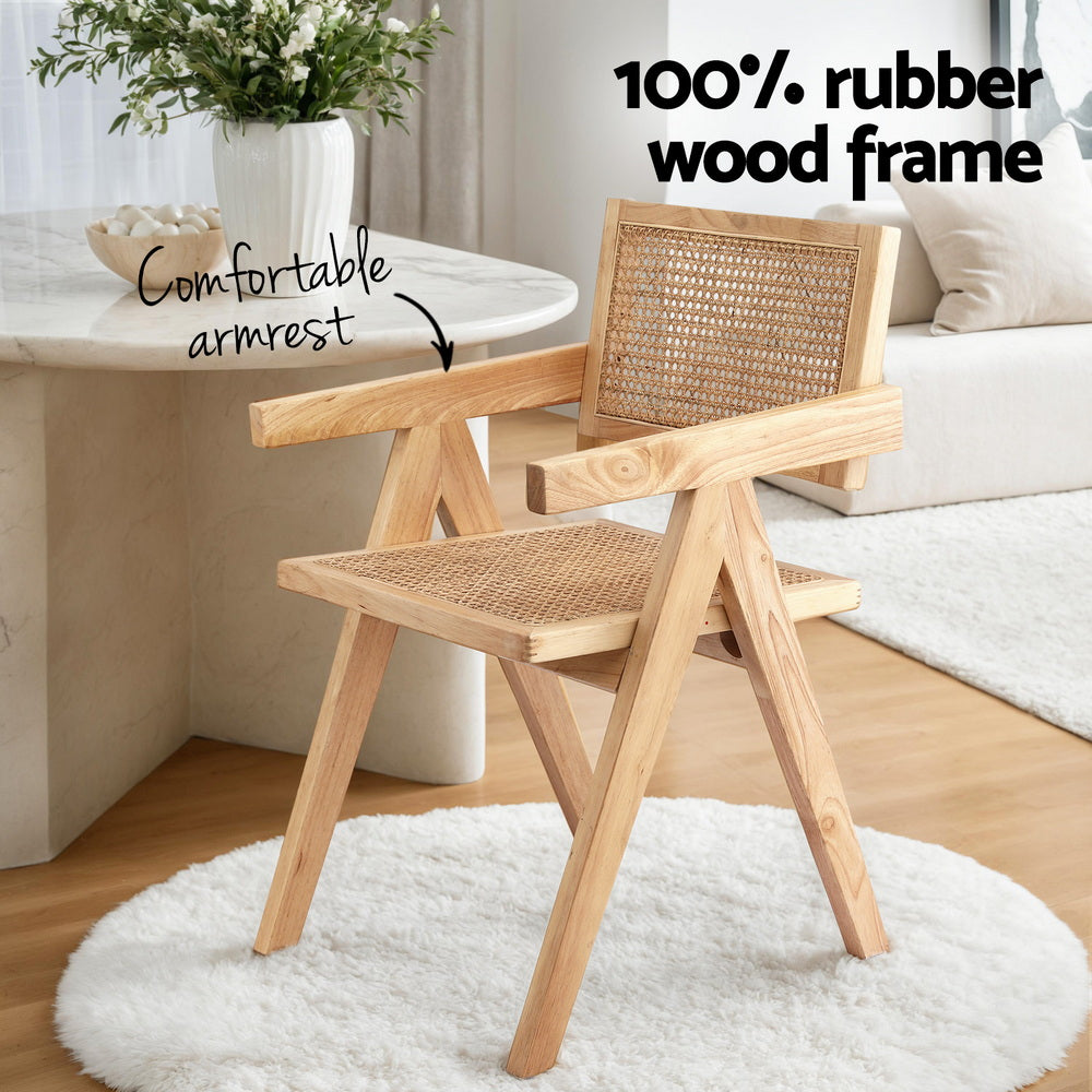 Linnet Set of 2 Dining Chairs Wooden Rattan Seat Rubber Wood Frame - Natural