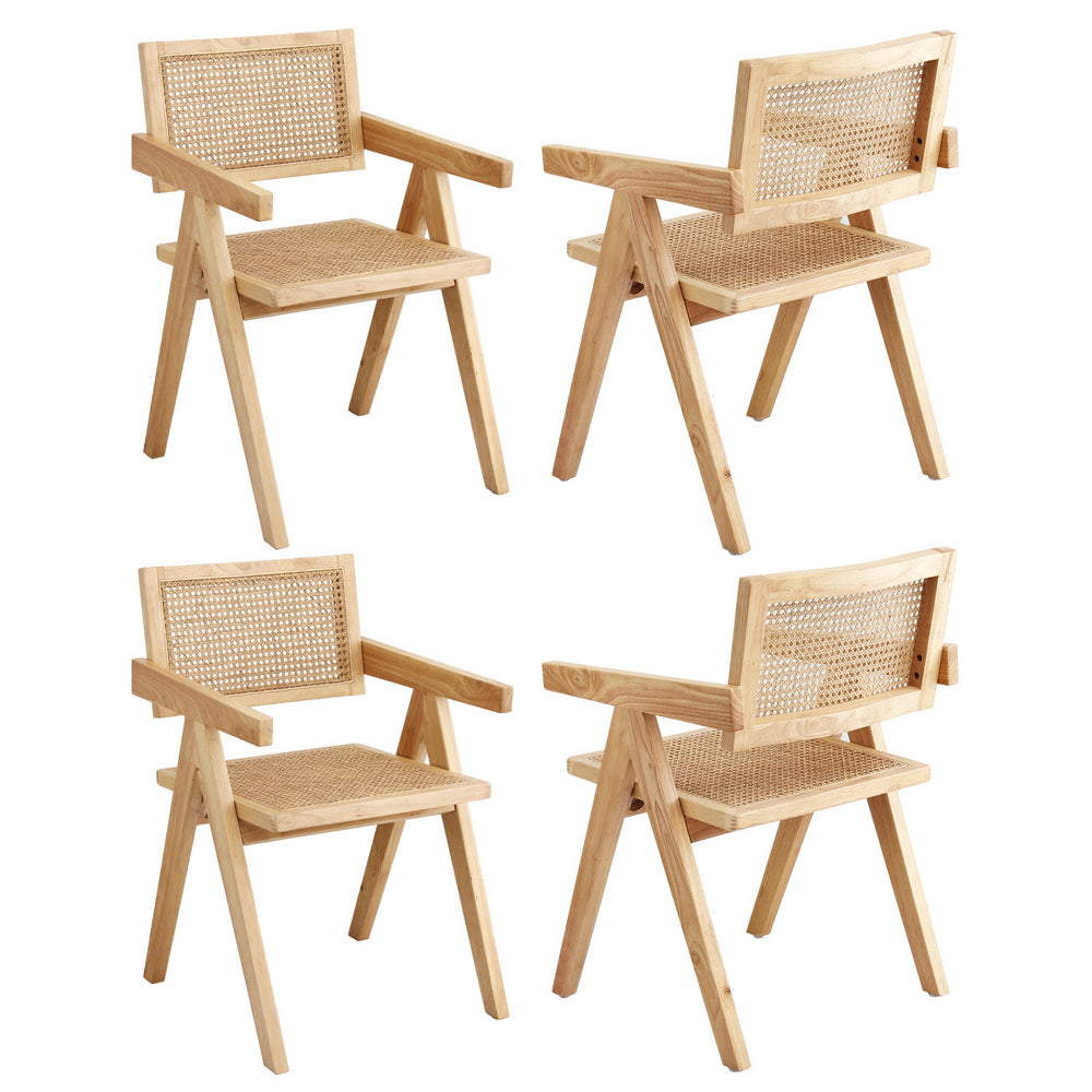 Linnet Set of 4 Dining Chairs Wooden Rattan Seat Rubber Wood Frame - Natural