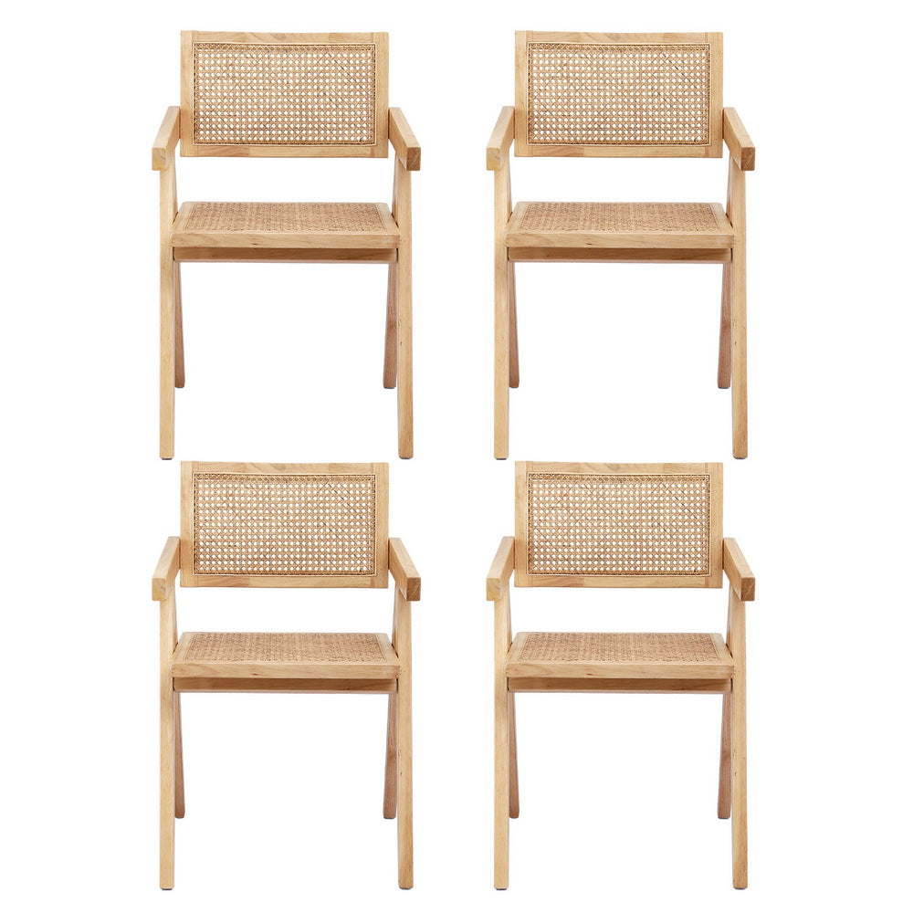 Linnet Set of 4 Dining Chairs Wooden Rattan Seat Rubber Wood Frame - Natural