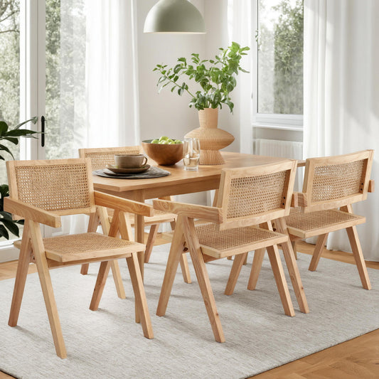 Linnet Set of 4 Dining Chairs Wooden Rattan Seat Rubber Wood Frame - Natural