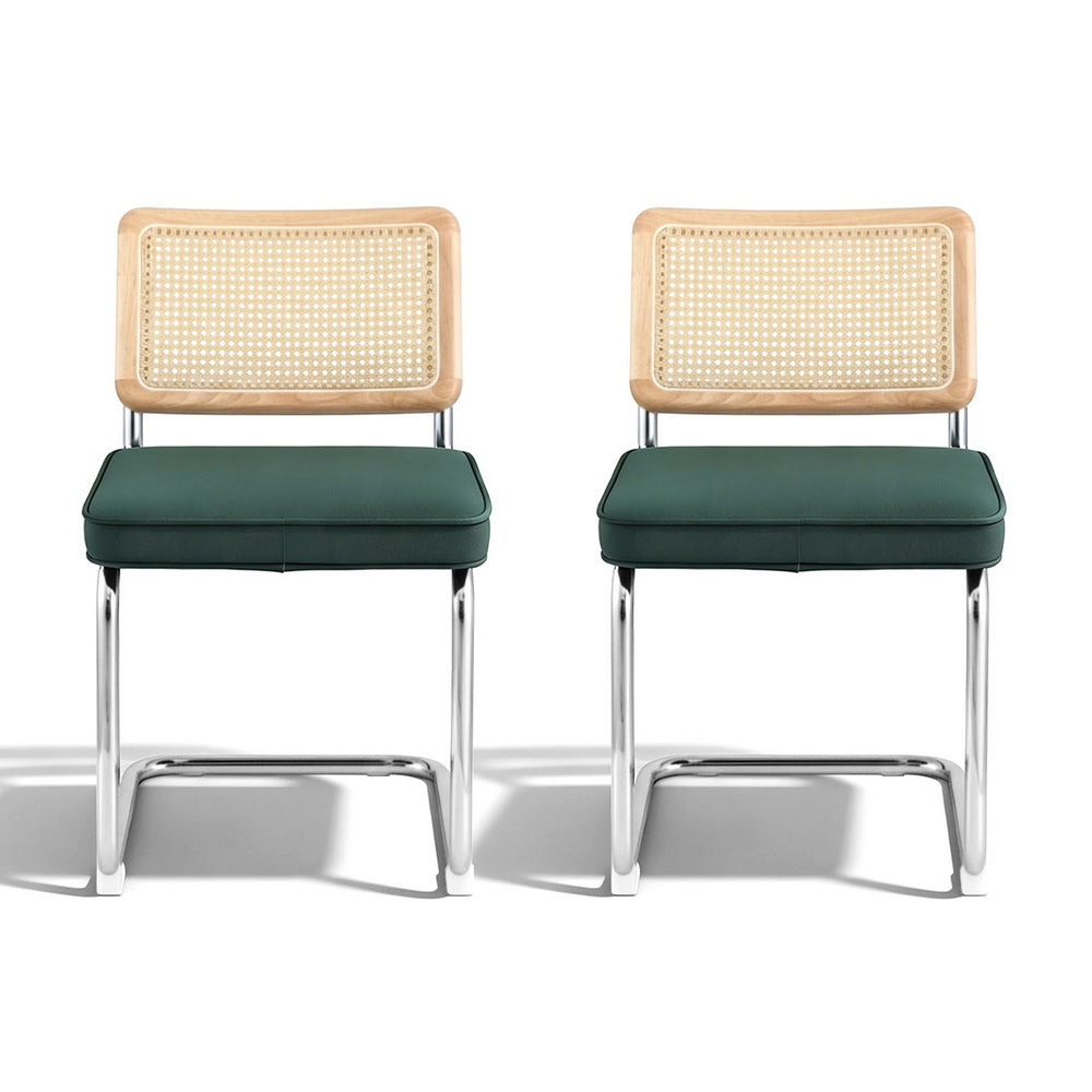 Agnes Set of 2 Dining Chairs Velvet Rattan Cantilever - Green