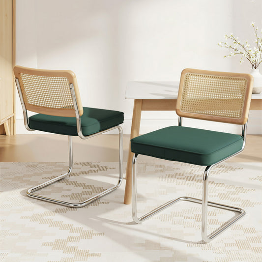 Agnes Set of 2 Dining Chairs Velvet Rattan Cantilever - Green