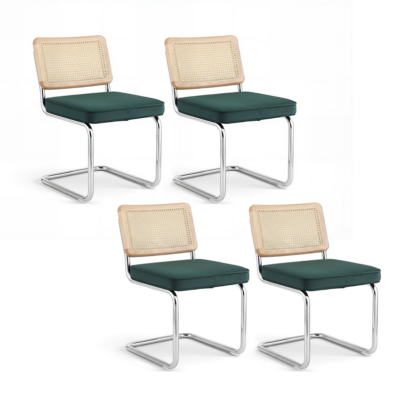 Agnes Set of 4 Dining Chairs Velvet Rattan Cantilever - Green