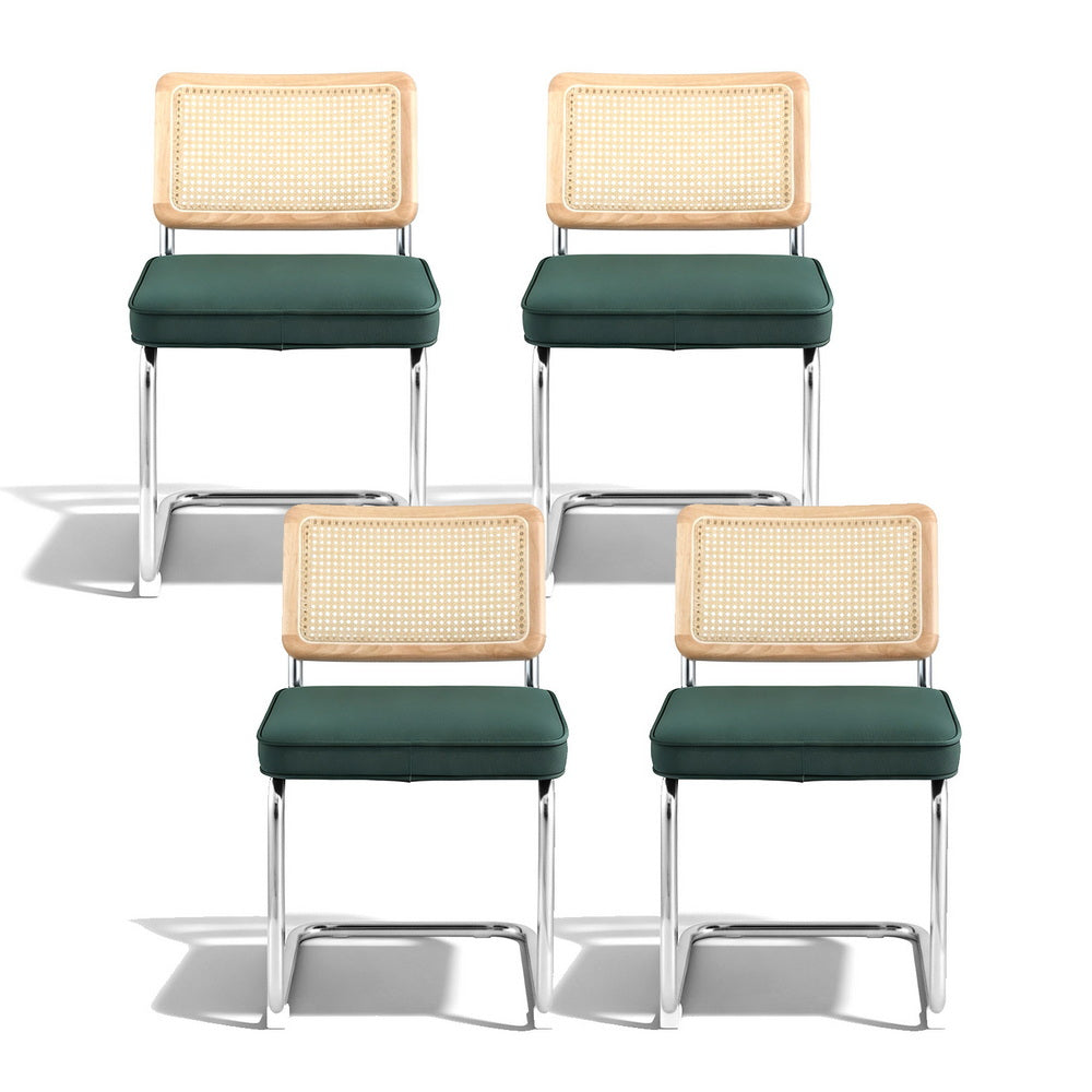Agnes Set of 4 Dining Chairs Velvet Rattan Cantilever - Green