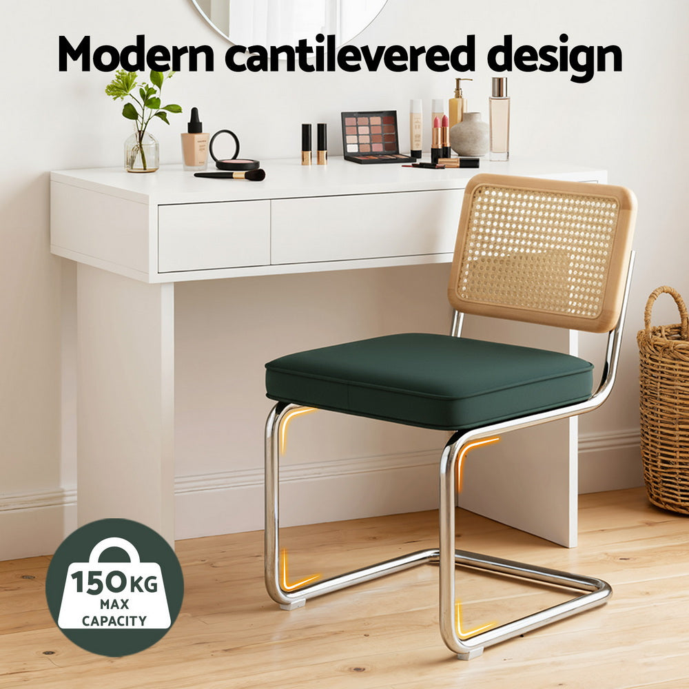 Agnes Set of 4 Dining Chairs Velvet Rattan Cantilever - Green