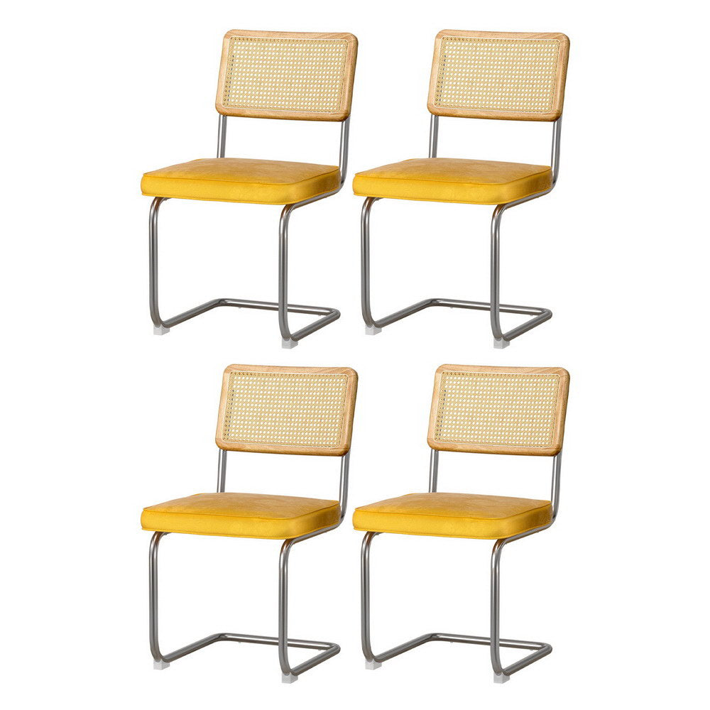 Agnes Set of 4 Dining Chairs Velvet Rattan Cantilever - Yellow