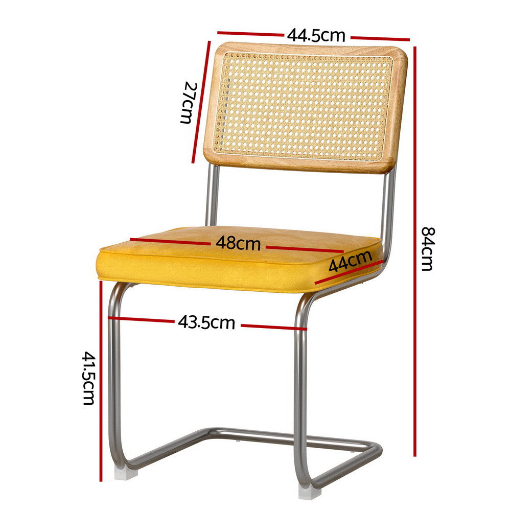 Agnes Set of 4 Dining Chairs Velvet Rattan Cantilever - Yellow