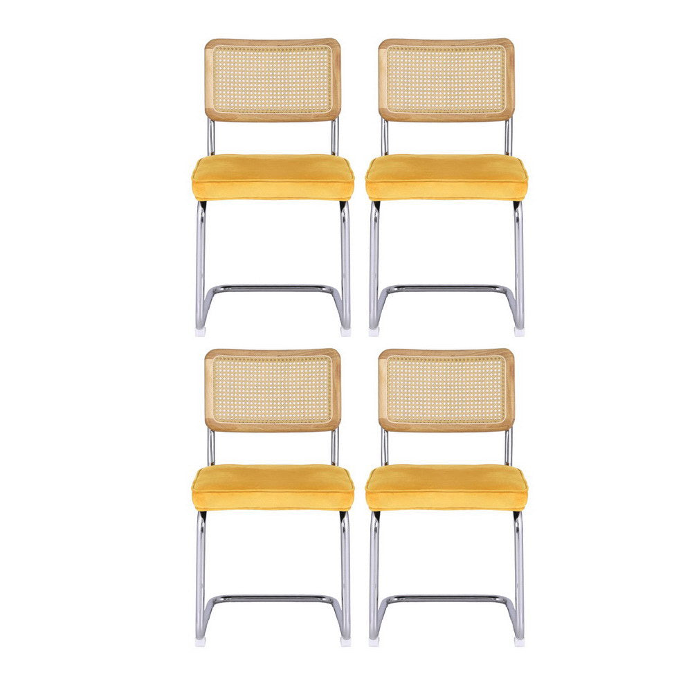 Agnes Set of 4 Dining Chairs Velvet Rattan Cantilever - Yellow