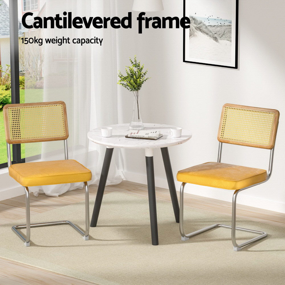 Agnes Set of 4 Dining Chairs Velvet Rattan Cantilever - Yellow