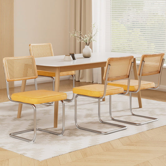 Agnes Set of 4 Dining Chairs Velvet Rattan Cantilever - Yellow
