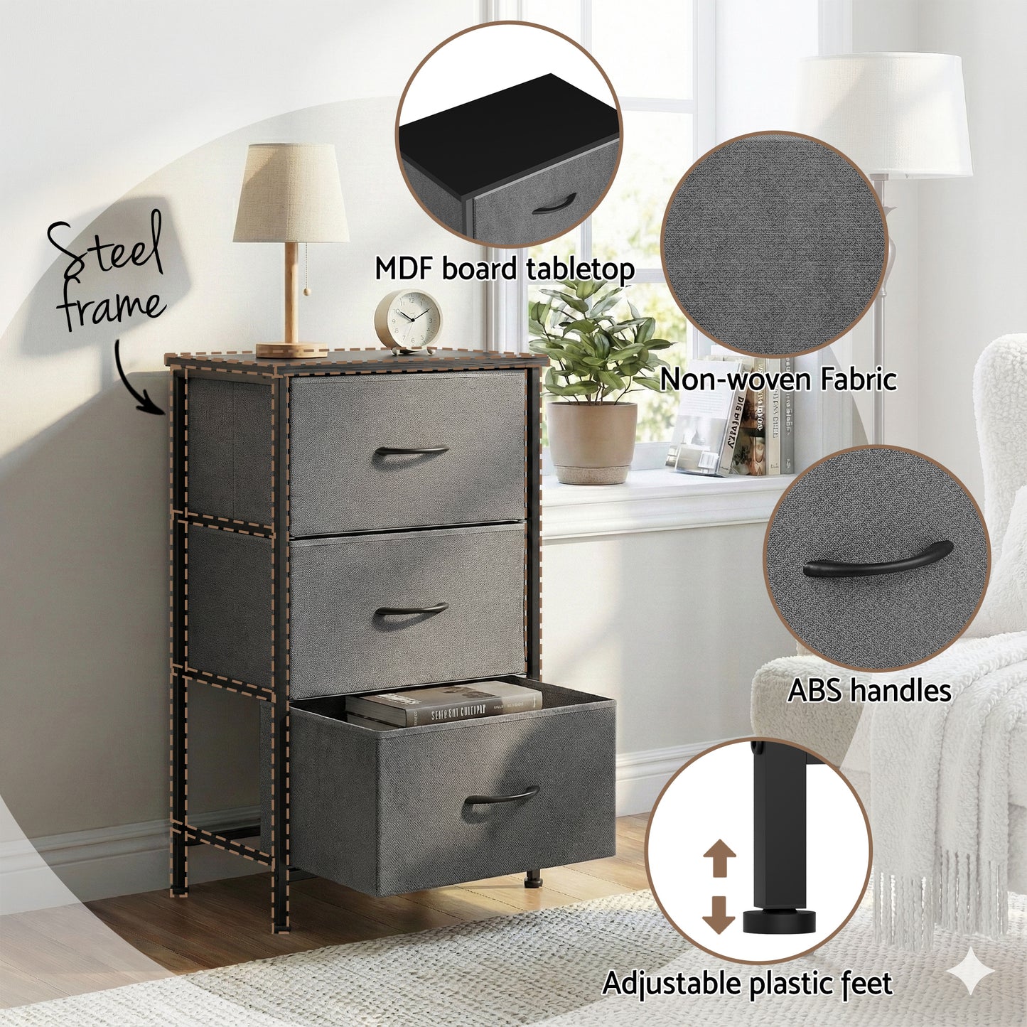 Artiss Chest of 3 Drawers Storage Dresser Tallboy Grey