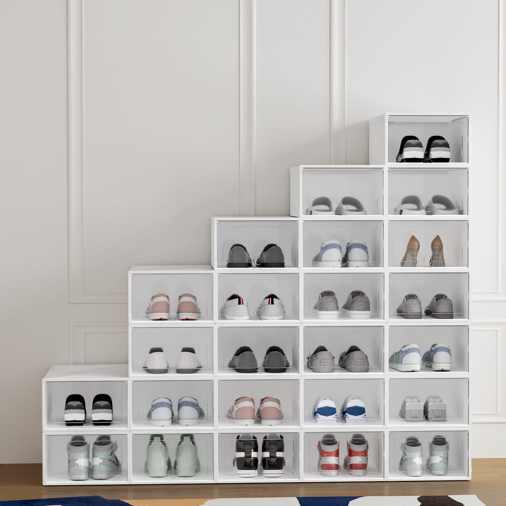 Boxed Shoe Rack Artiss Shoe Box Rack DIY Set of 24 Stackable White Abel – Factory Buys
