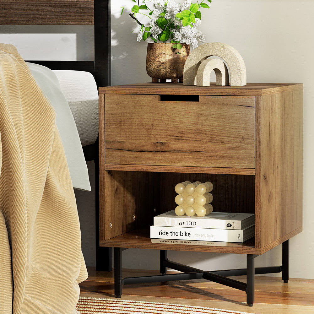 Melrose King Bedroom Suite 5 Piece 1x King Mattress, 1x King Metal Bed Frame, 2x Oak Bedside Tables and 1x Oak Tallboy