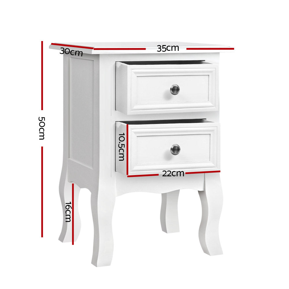 Moncton MDF Paulownia Wood Bedside Tables Side Table French Storage Cabinet Nightstand Lamp with 2 Drawers - White