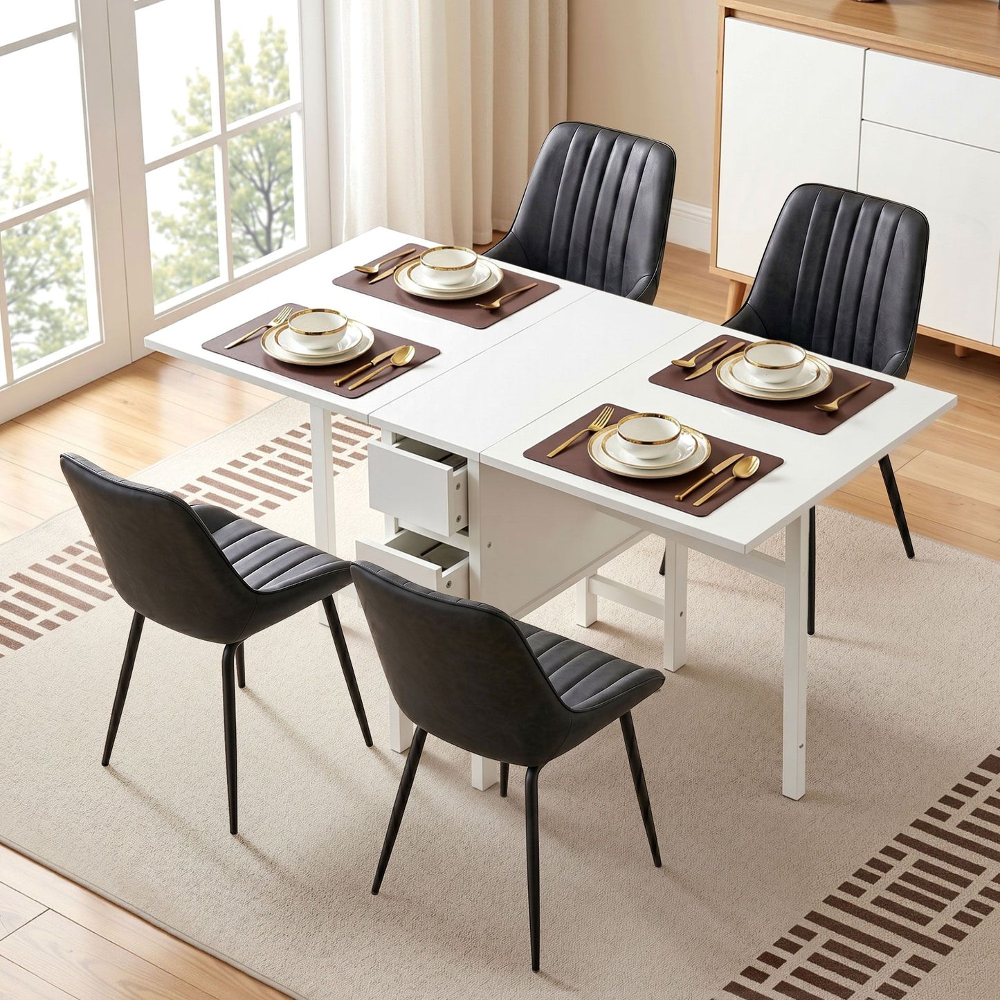 5-Piece Licia Black and White Dining Table & Chair Set Foldable Kitchen Furniture with 2 Drawers