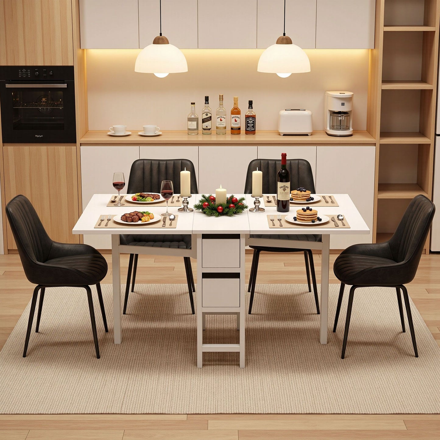 5-Piece Licia Black and White Dining Table & Chair Set Foldable Kitchen Furniture with 2 Drawers