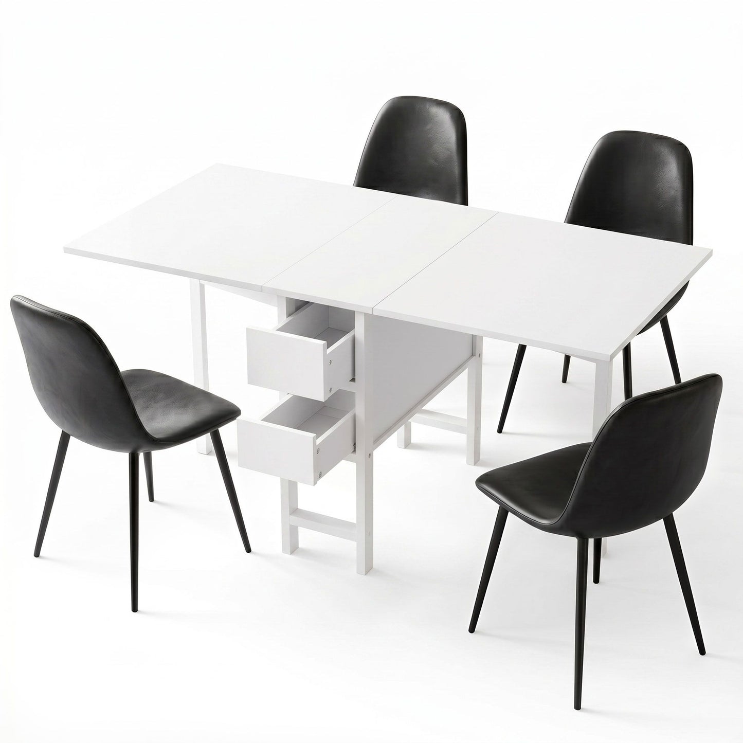 5-Piece Fulva Black and White Dining Table & Chair Set Foldable with 2 Drawers