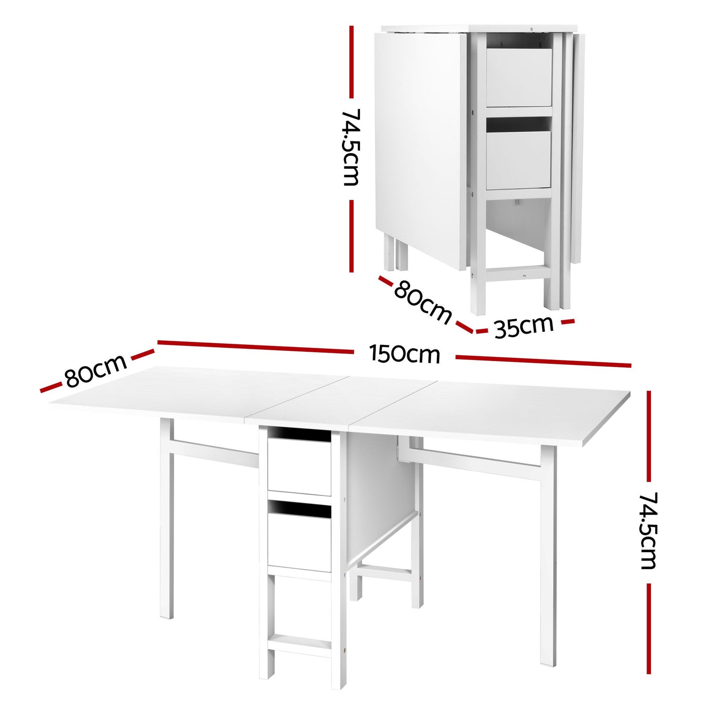 5-Piece Fulva Black and White Dining Table & Chair Set Foldable with 2 Drawers
