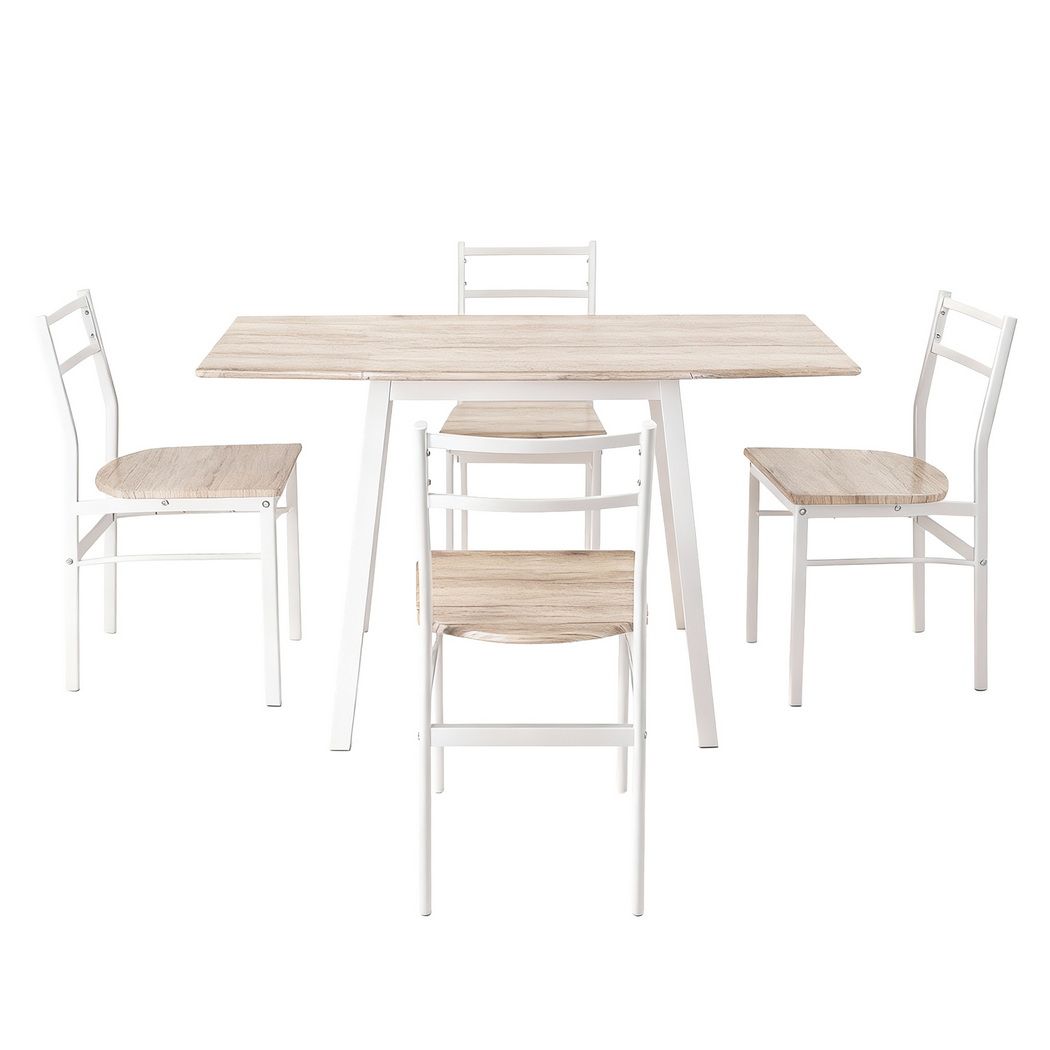 5-Piece Loris Natural White Dining Table & Chair Set with Extendable 60-120cm Drop-Leaf Table