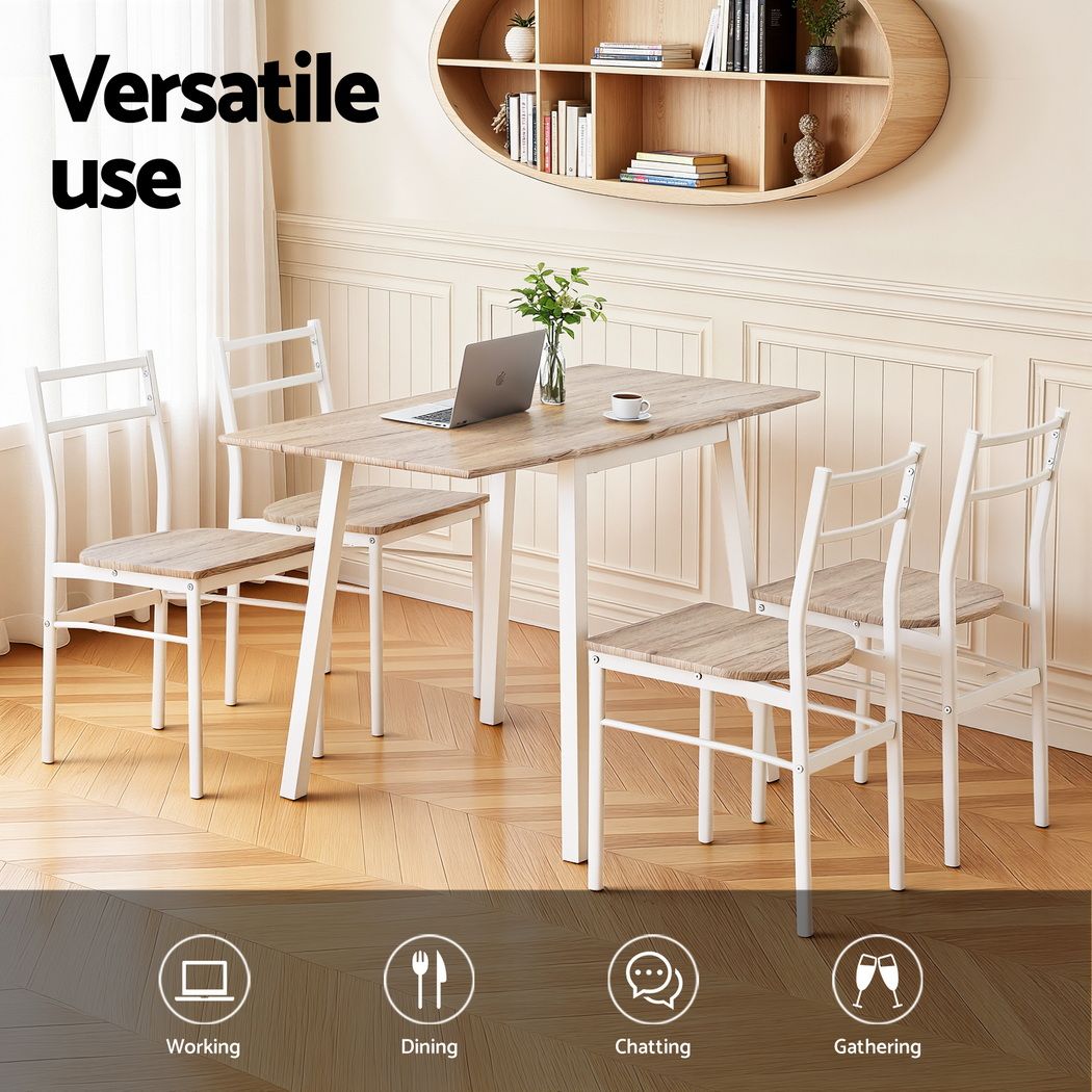 5-Piece Loris Natural White Dining Table & Chair Set with Extendable 60-120cm Drop-Leaf Table