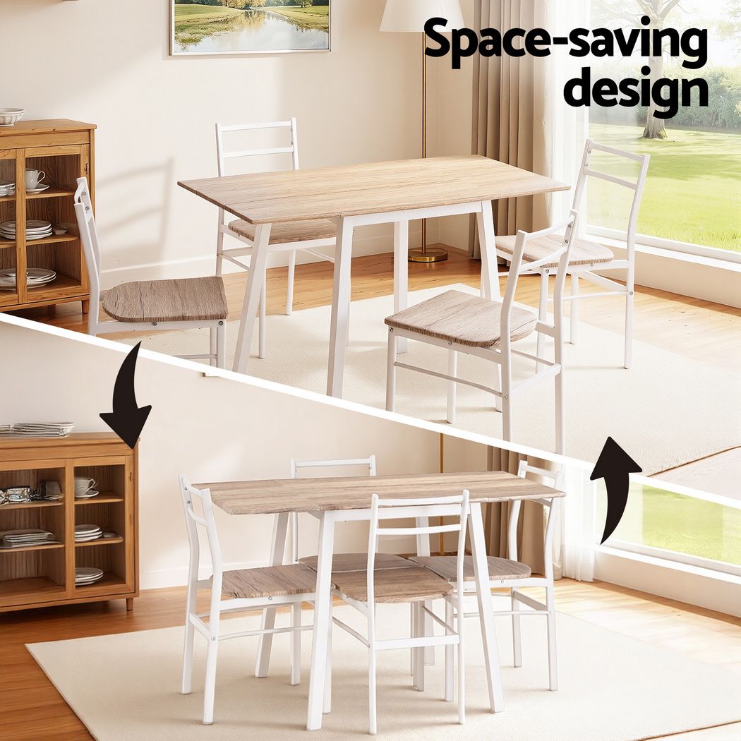 5-Piece Loris Natural White Dining Table & Chair Set with Extendable 60-120cm Drop-Leaf Table