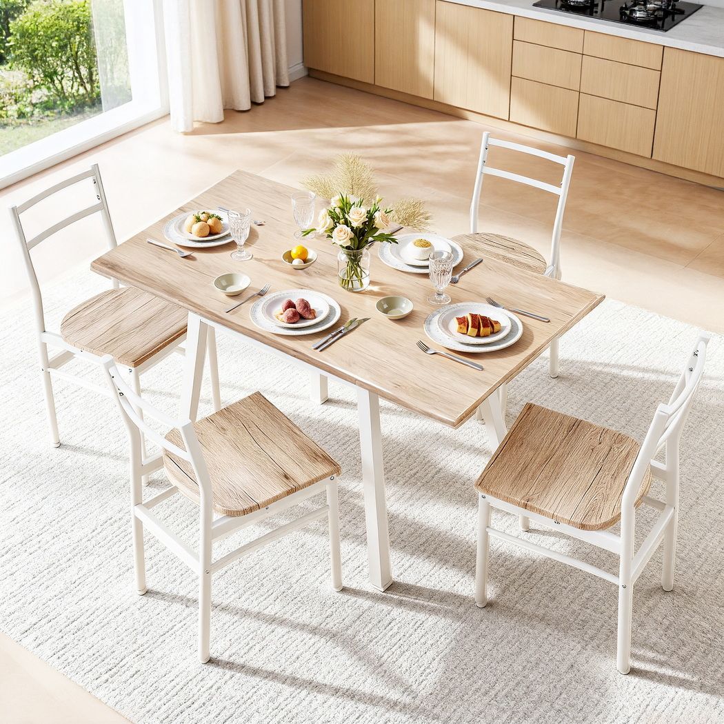 5-Piece Loris Natural White Dining Table & Chair Set with Extendable 60-120cm Drop-Leaf Table