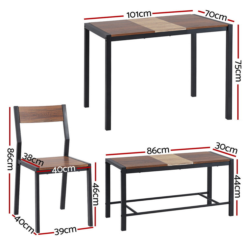 4-Piece Tullo Brown Dining Table & Chair Set Bench Kitchen Furniture Rustic