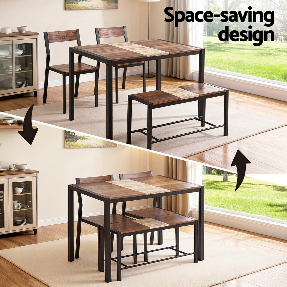 4-Piece Tullo Brown Dining Table & Chair Set Bench Kitchen Furniture Rustic