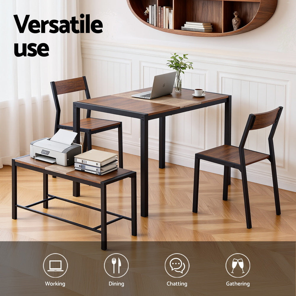 4-Piece Tullo Brown Dining Table & Chair Set Bench Kitchen Furniture Rustic