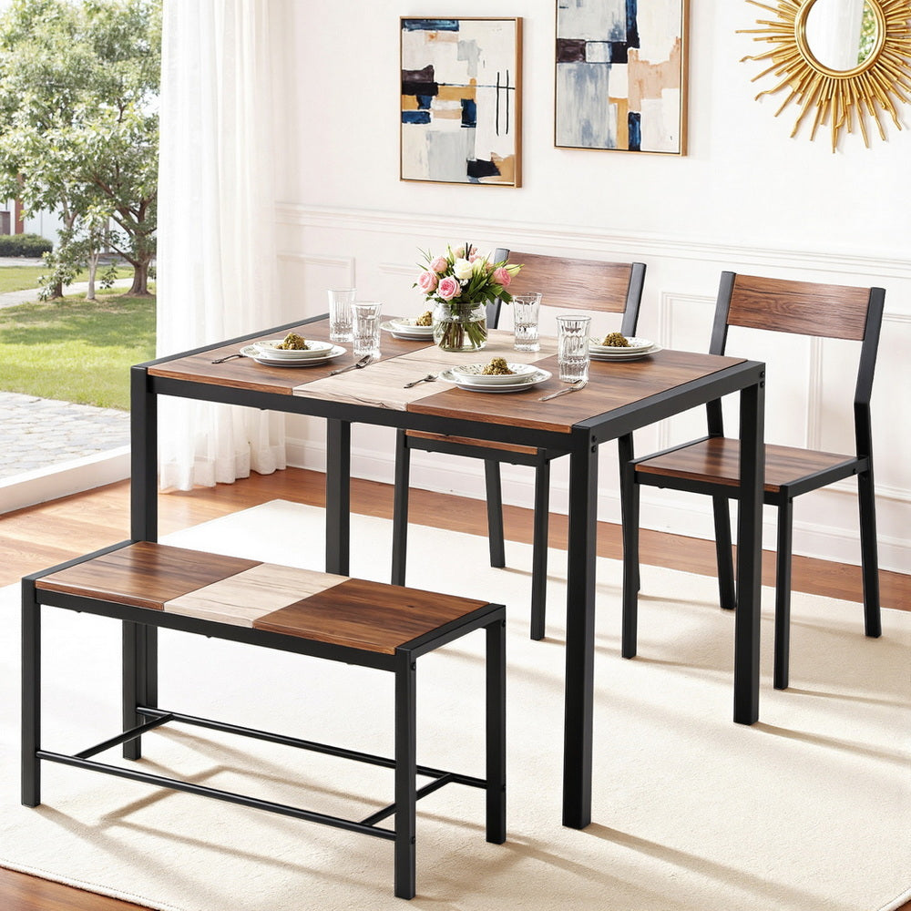 4-Piece Tullo Brown Dining Table & Chair Set Bench Kitchen Furniture Rustic