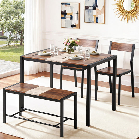 4-Piece Tullo Brown Dining Table & Chair Set Bench Kitchen Furniture Rustic