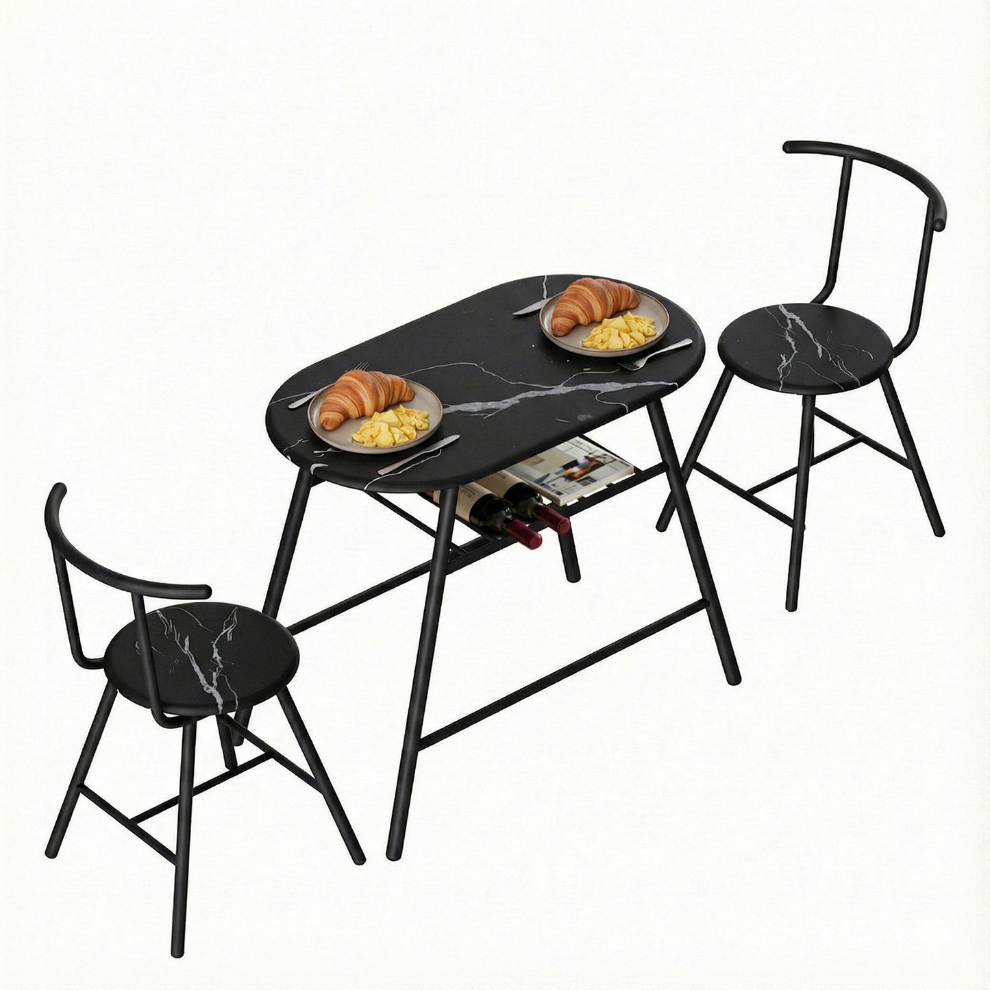 3-Piece Amato Dining Table & Chair Set Bistro Kitchen Storage Wine Rack Black Marble Style