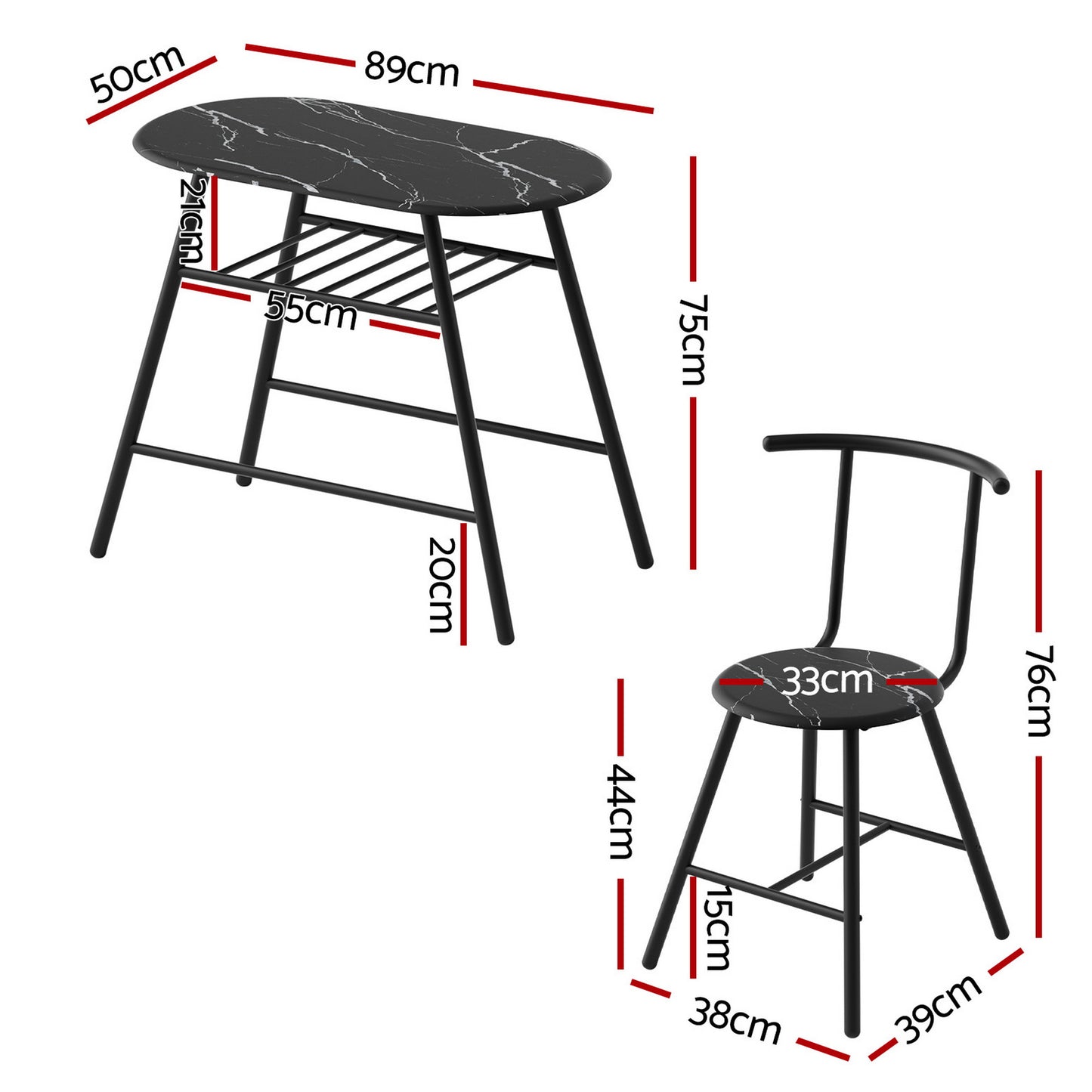 3-Piece Amato Dining Table & Chair Set Bistro Kitchen Storage Wine Rack Black Marble Style