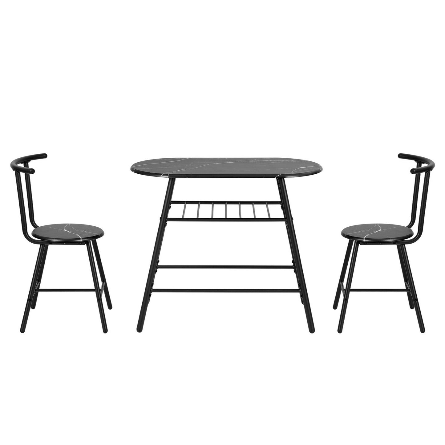 3-Piece Amato Dining Table & Chair Set Bistro Kitchen Storage Wine Rack Black Marble Style