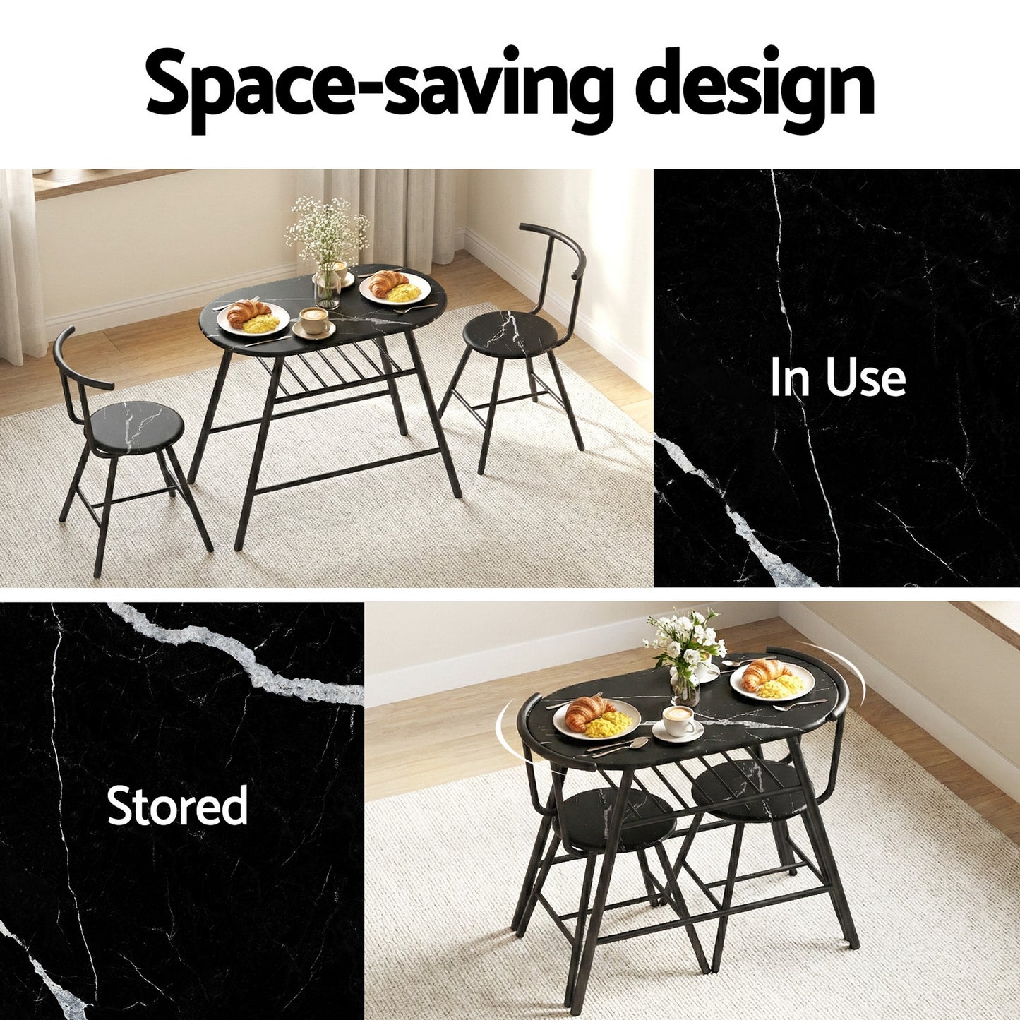 3-Piece Amato Dining Table & Chair Set Bistro Kitchen Storage Wine Rack Black Marble Style