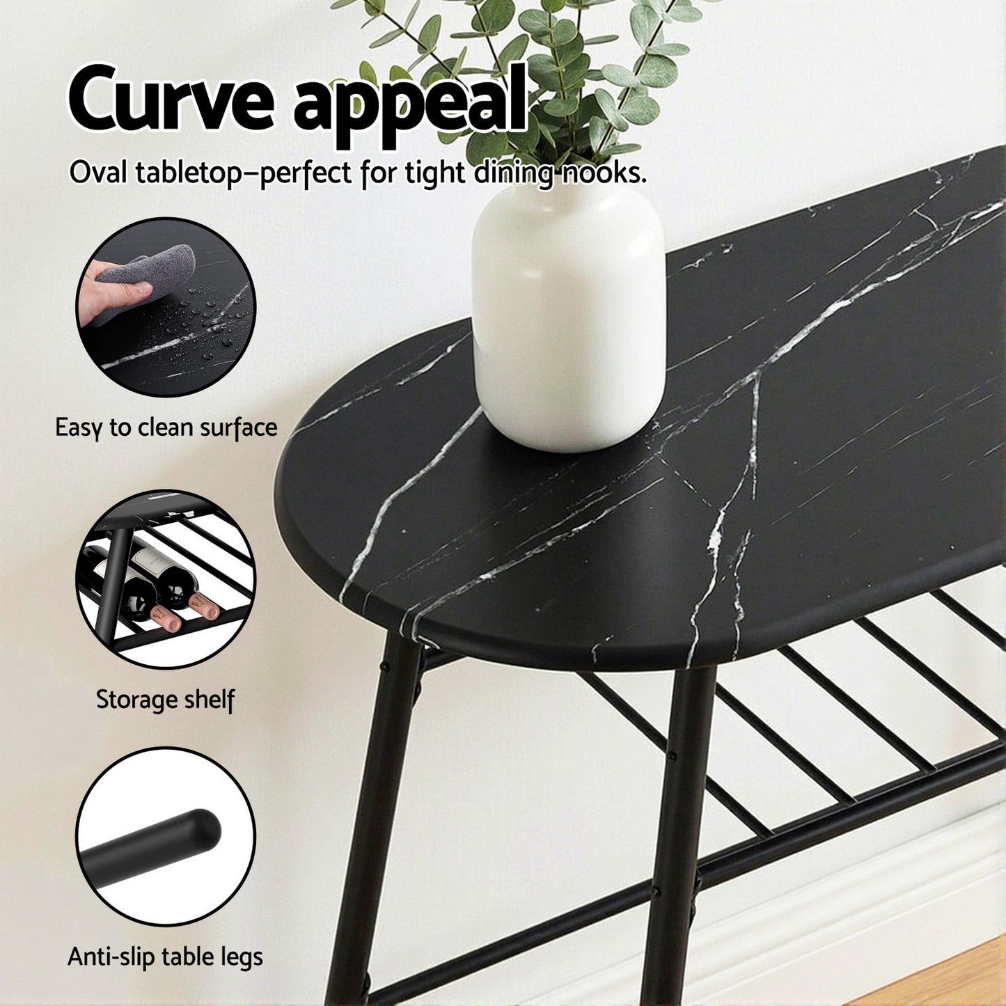 3-Piece Amato Dining Table & Chair Set Bistro Kitchen Storage Wine Rack Black Marble Style