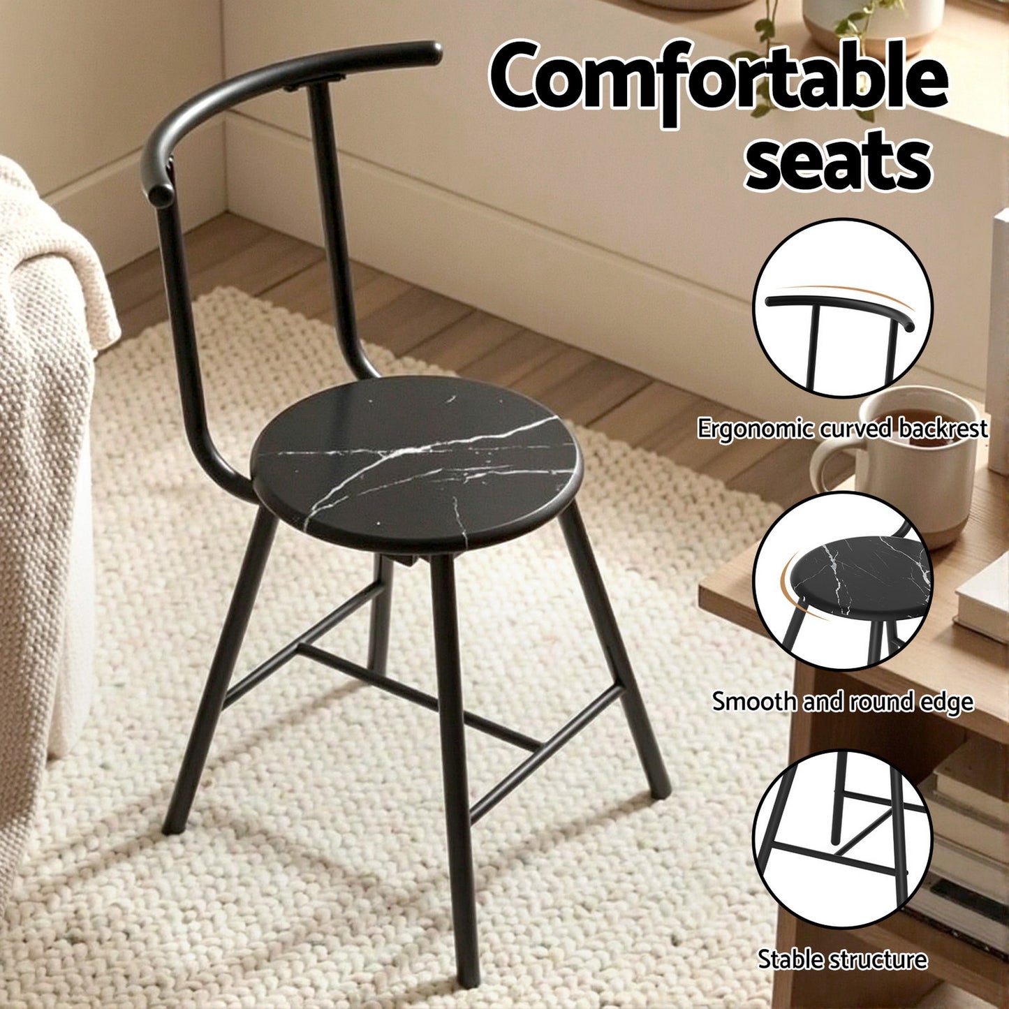 3-Piece Amato Dining Table & Chair Set Bistro Kitchen Storage Wine Rack Black Marble Style