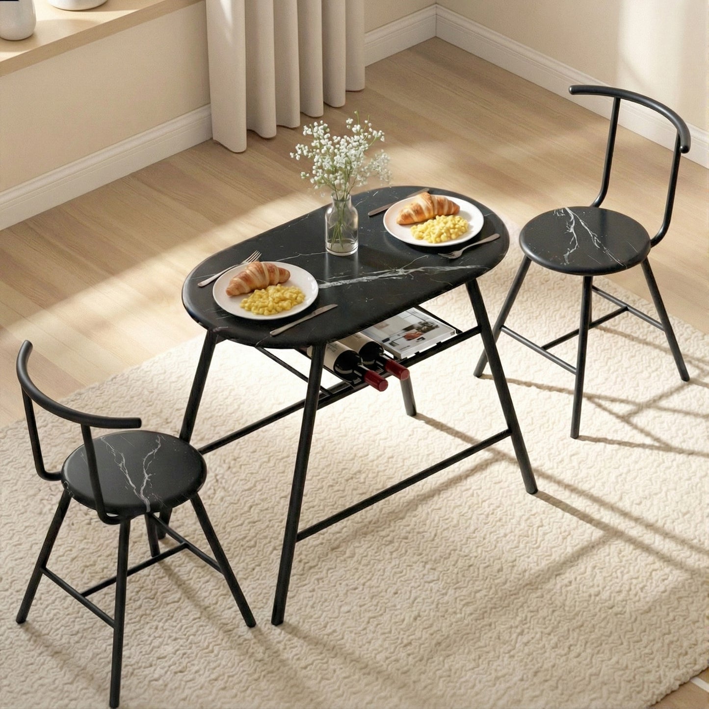 3-Piece Amato Dining Table & Chair Set Bistro Kitchen Storage Wine Rack Black Marble Style