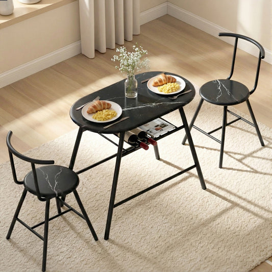 3-Piece Amato Dining Table & Chair Set Bistro Kitchen Storage Wine Rack Black Marble Style