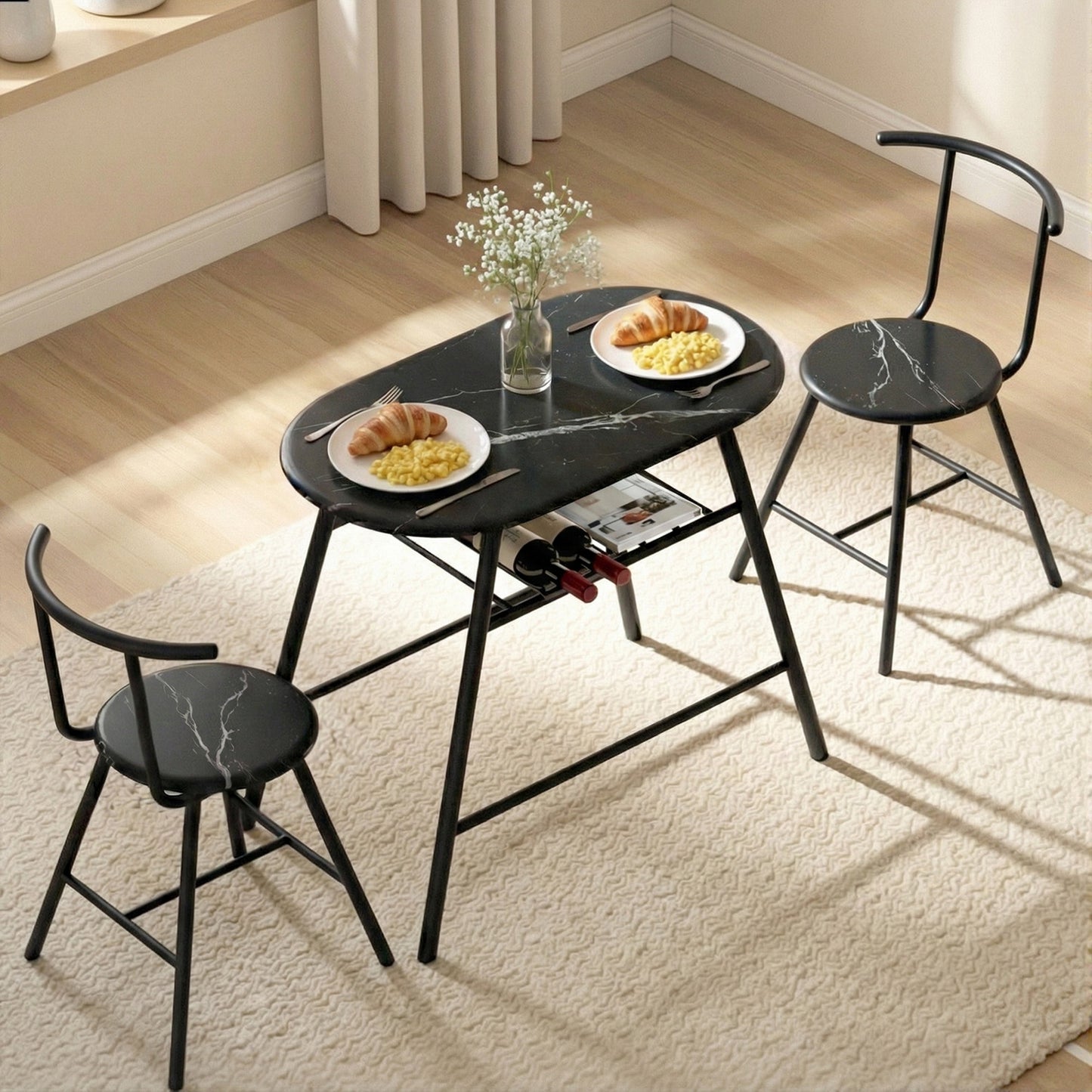 3-Piece Amato Dining Table & Chair Set Bistro Kitchen Storage Wine Rack Black Marble Style