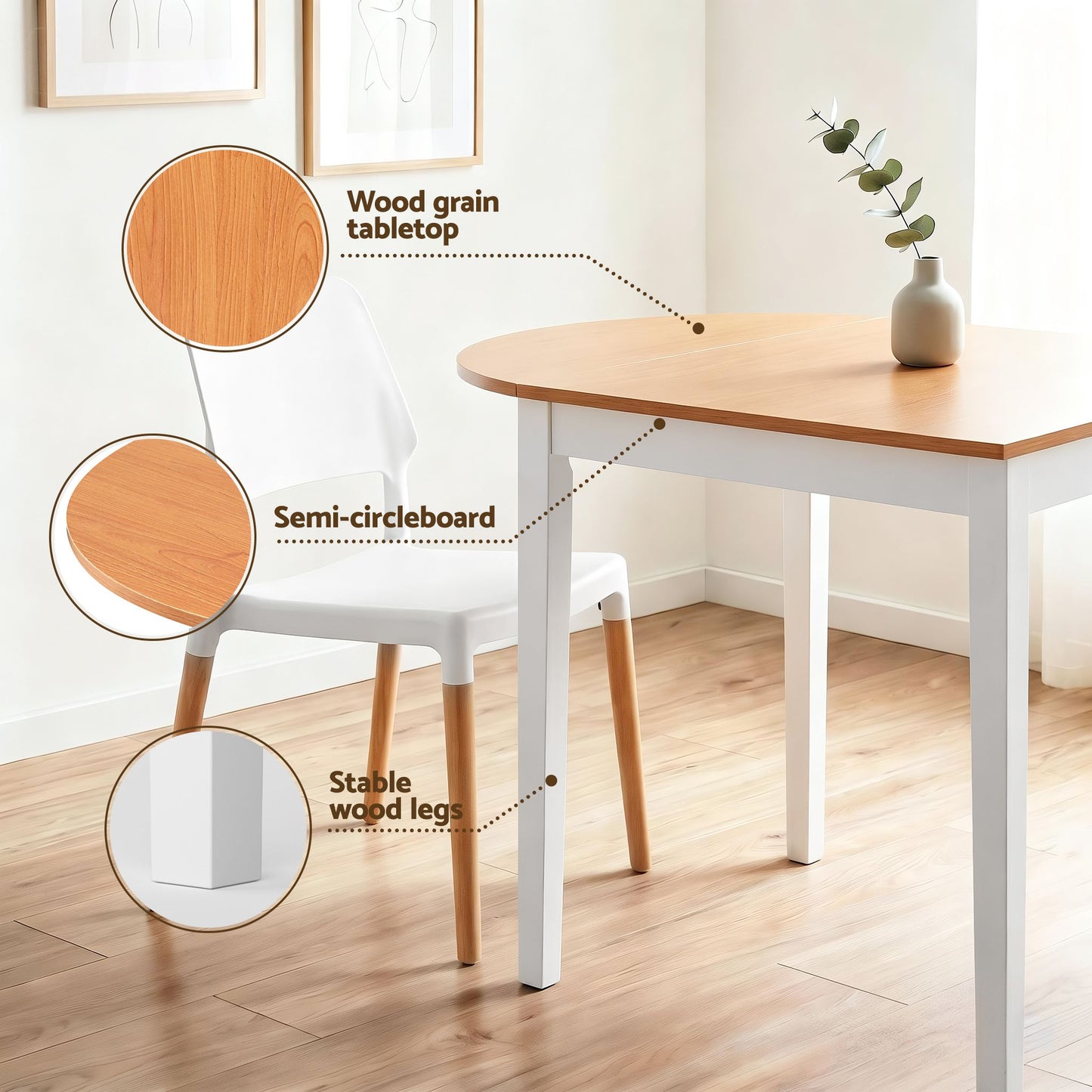 5-Piece Tosca White Dining Table & Chair Set 75-110cm Drop-Leaf Table