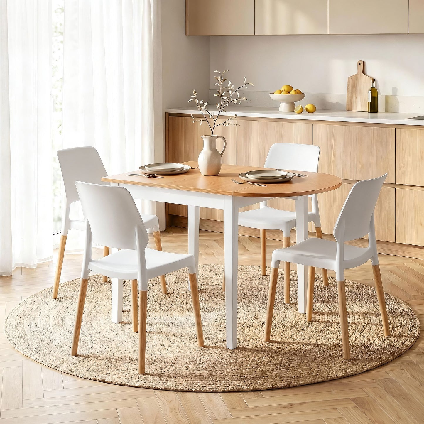5-Piece Tosca White Dining Table & Chair Set 75-110cm Drop-Leaf Table